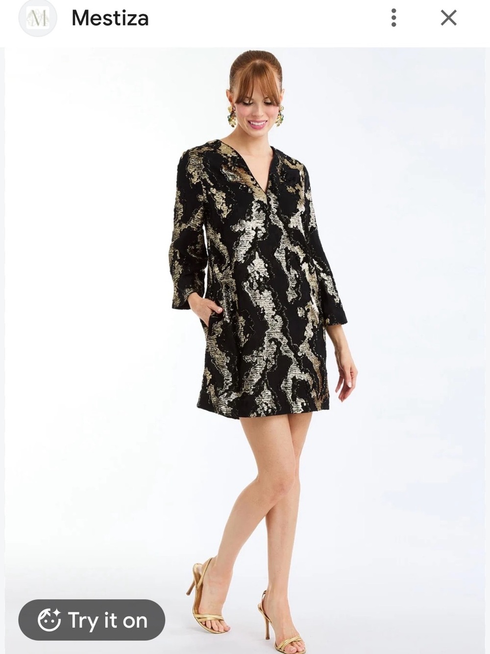 Mestiza Black and Gold Metallic V-Neck Mini Dress